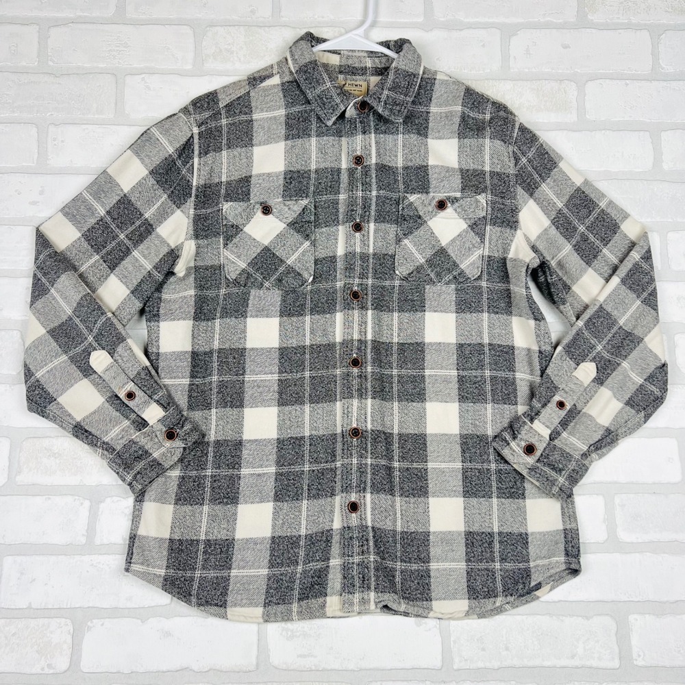 Ruff Hewn Mens Grey Cream Plaid Flannel Button Down Shirt Medium Long Sleeve